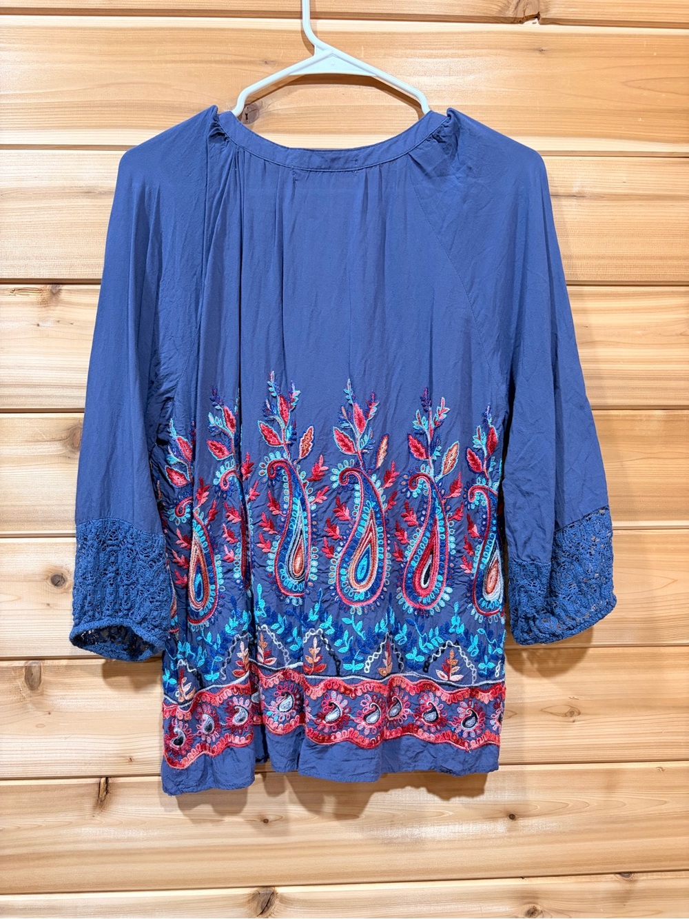 Figueroa & Flower Boho Peasant Top Embroidered Paisley Crochet Lace Blue Medium‎ - Picture 7 of 8